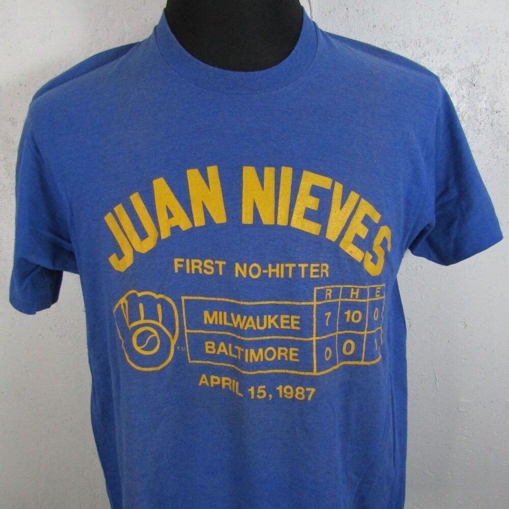 Vintage Juan Nieves Milwaukee Brewers First No-Hitter T-Shirt Blue 1987 MLB XL